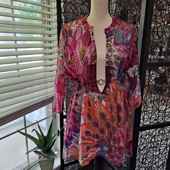 Roma Beachwear Size Small/Medium Sheer Coverup Pink Peacock Feathers EUC - Picture 1 of 11